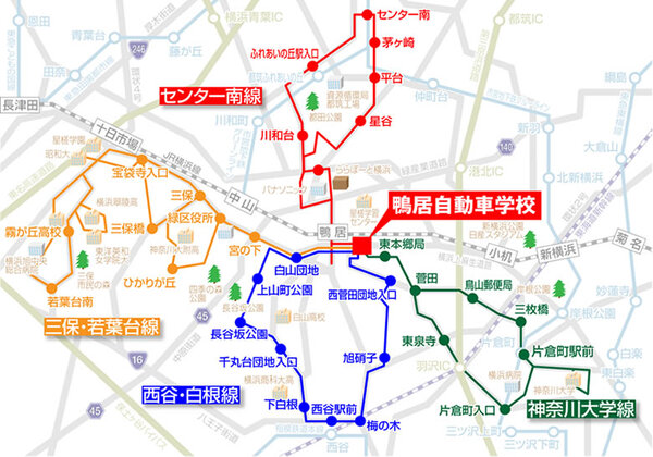 鴨居自動車学校の無料送迎バスの路線図